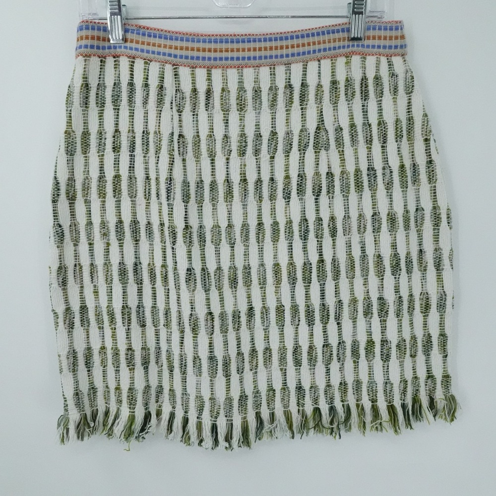 Just Bellina Skirt Women M Ivory Green Cotton Handwoven Fringe Boho‎ Sustainable